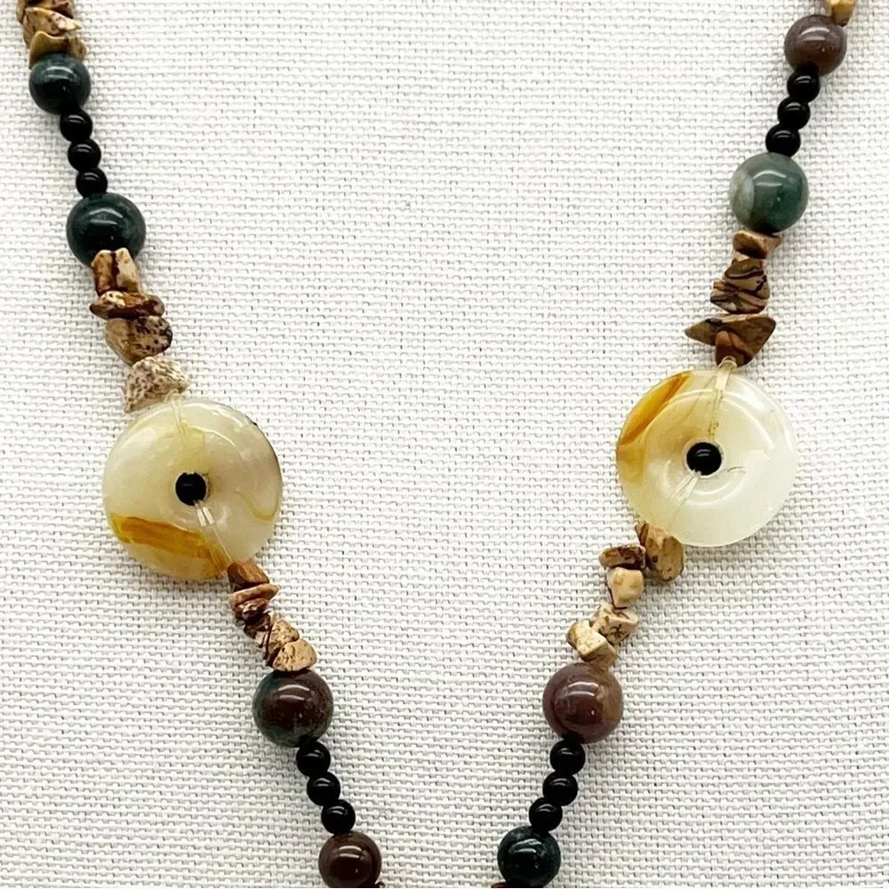 Natural Stone Round Bead Oval Pendant Chip Tassel Boho Fashion Necklace 34”